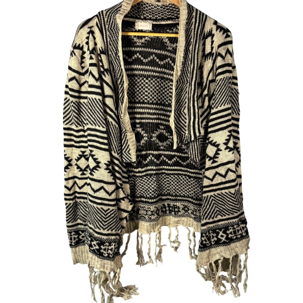 Altar'd State Geometric Print Open Front Sweater Fringe Tan Grandma Core Black L